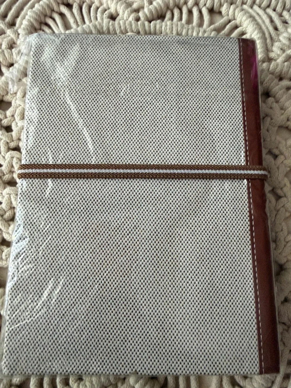 NEW Miu Miu Beige Textured Notebook Cover with Brown Trim, Wrapped